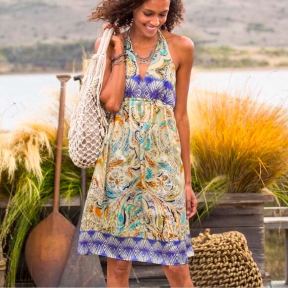 Sundance size L Giovanna Cotton Silk Blend Backless Boho Halter Tie Neck Dress - Picture 1 of 11